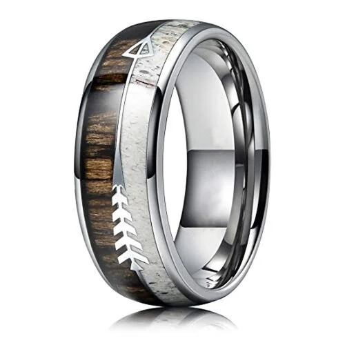 Women's Or Men's Tungsten Carbide Wedding Band Matching Rings,Silver Cupid's Arrow over Wood Inlay,Tungsten Carbide Ring with High Polish Antler and Dark Wood Inlay,Domed Top Ring With Mens And Womens Rings For 4MM 6MM 8MM 10MM