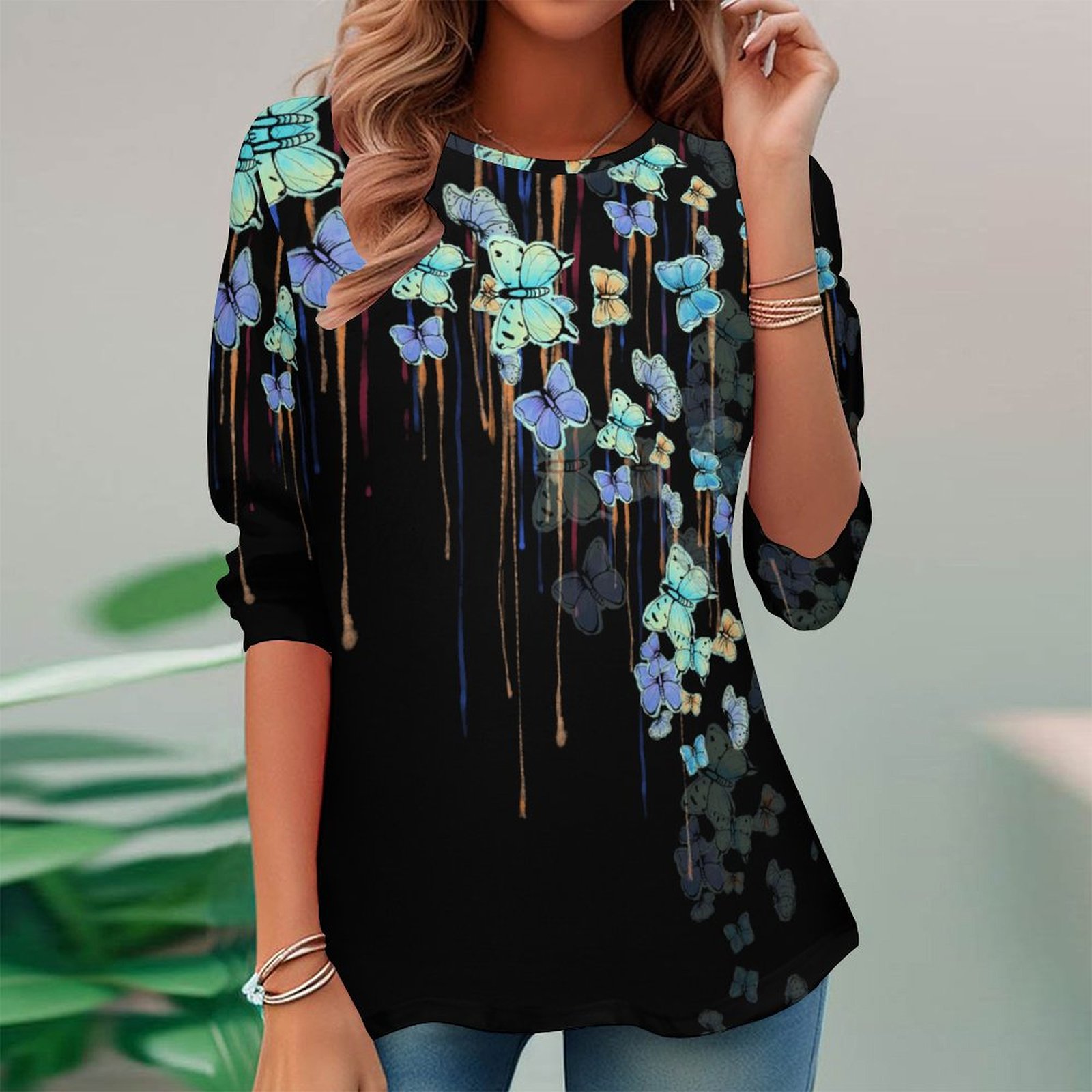 Women Long Sleeve V-neck Graphic Floral Printed Top