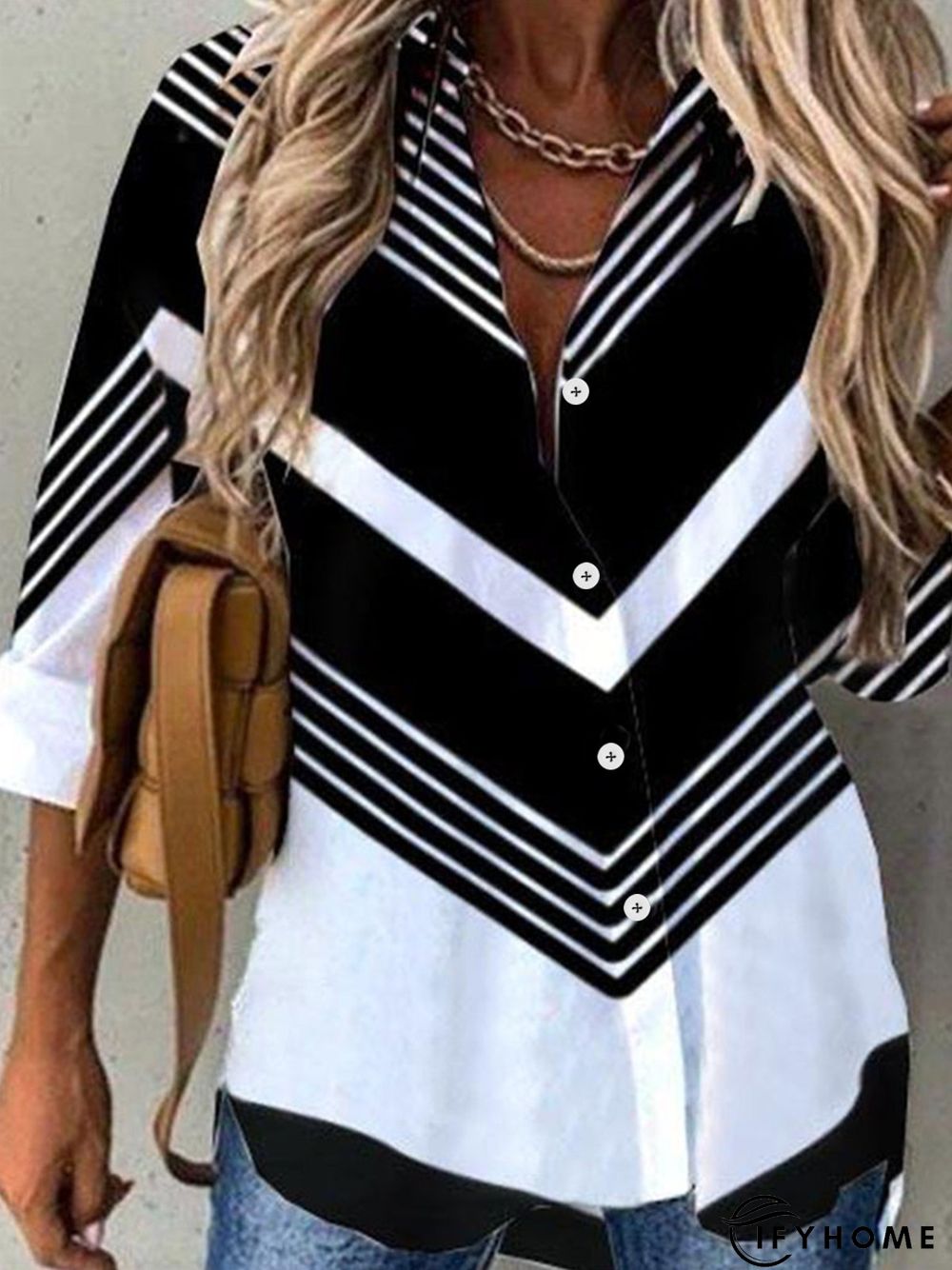 Shirt Collar Casual Striped Color Block Long Sleeve Blouse | IFYHOME