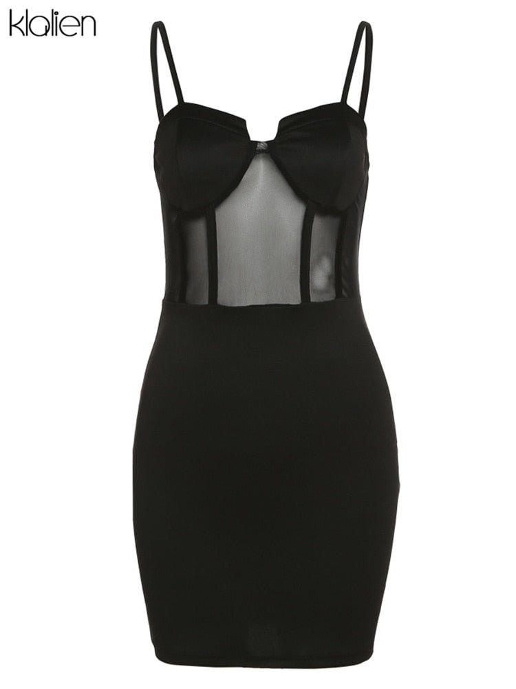 KLALIEN Women Dress Sexy See Through Mesh Patchwork Slim Solid Mini Bodycon Dress Y2K Nightclub Party Beach Vacation New 2022
