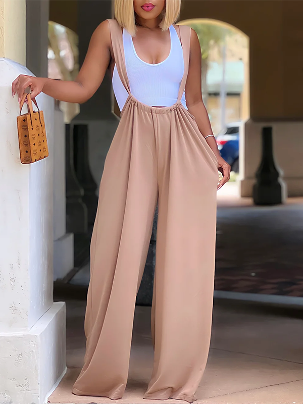 Solid Color Loose Sleeveless Overalls