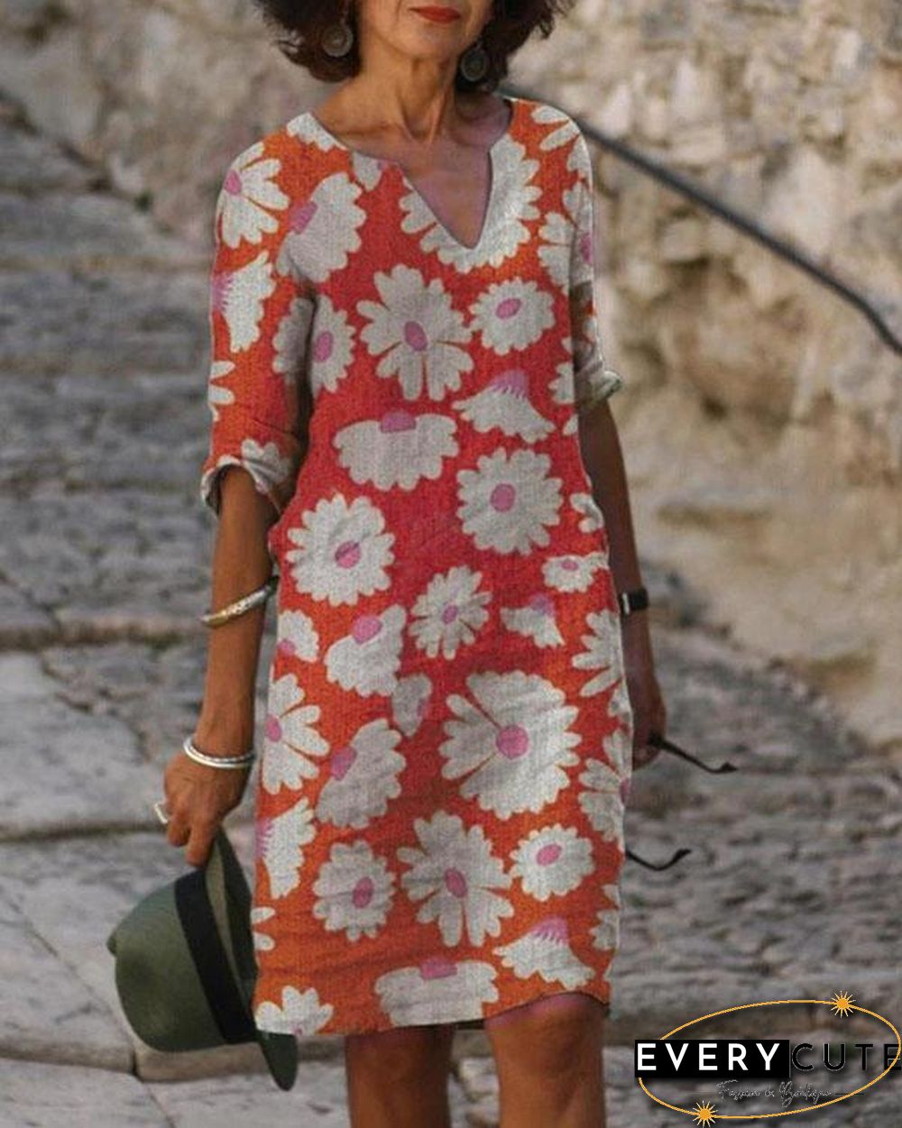 Ladies V-neck Printed Casual Shift Dress