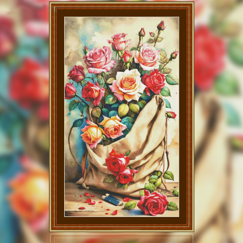 【Fairy Brand】Rose In A Bag Full 14CT Pre-stamped Canvas(60*95cm) 111 Colors Egyptian Cotton Cross Stitch