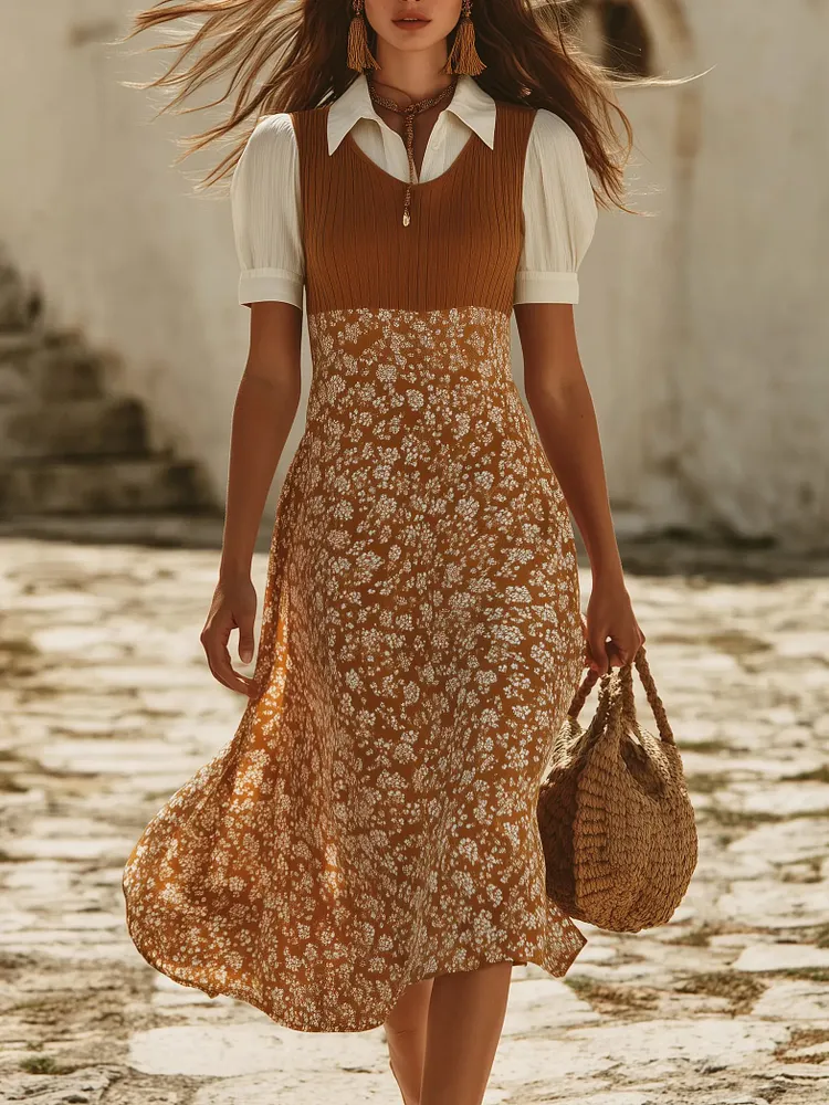 Vintage Pastoral Rib Knit Floral Woven Patchwork V Neck Sleeveless Midi Dress