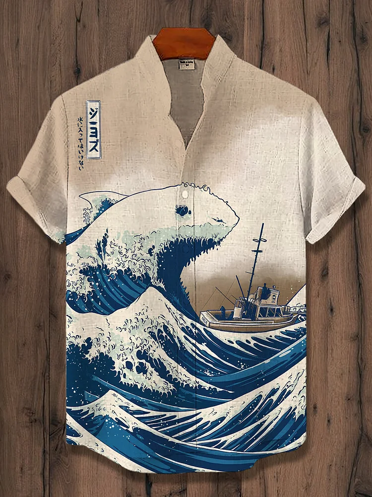 Men's The Great Wave Shark Art Print Casual Shirt