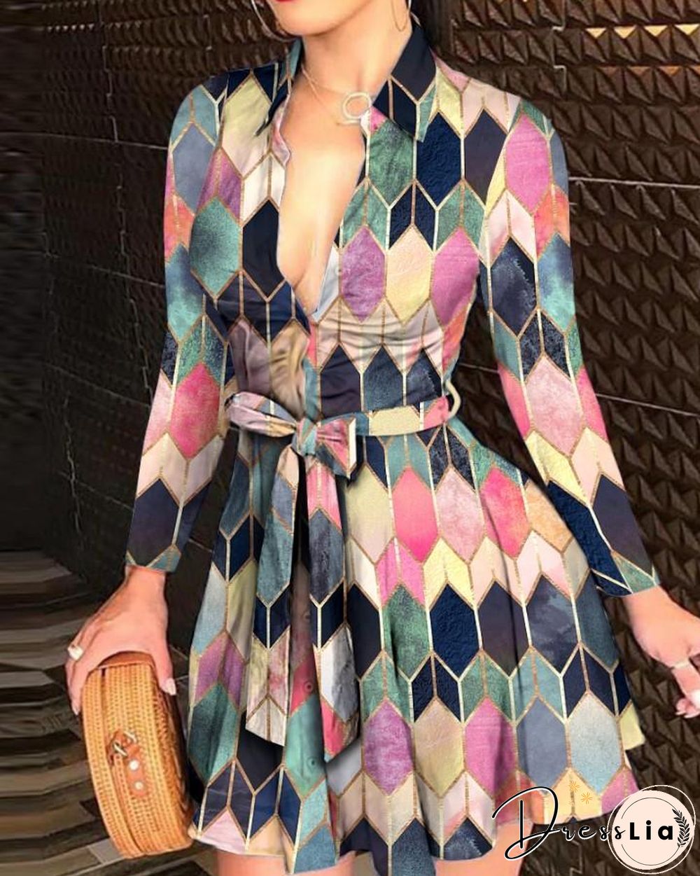 Colorblock Button Design Long Sleeve Shirt Dress P10924