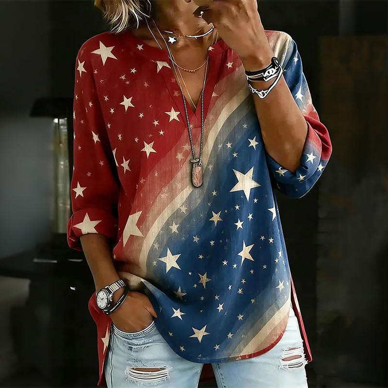  Women's Vintage Flag Print V-neck Long Sleeve Linen Top Westsshops