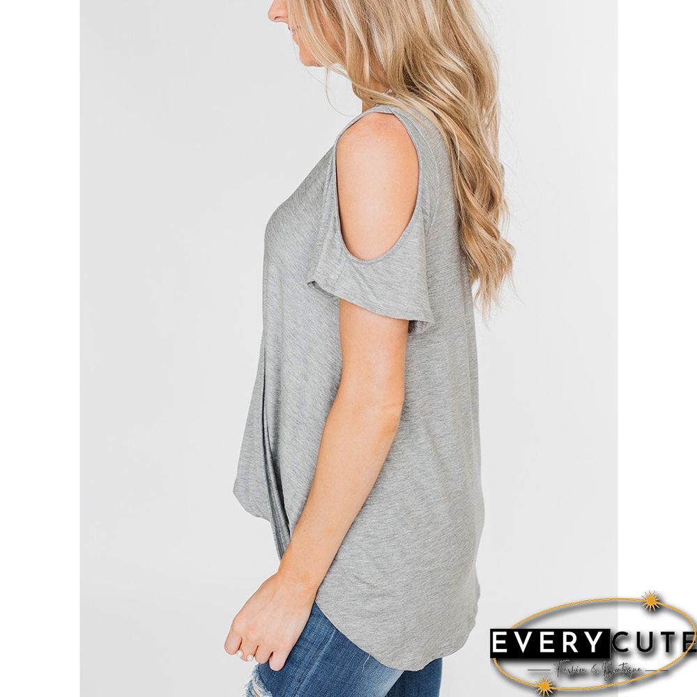 Gray Cold Shoulder Crisscorss V Neck Tops