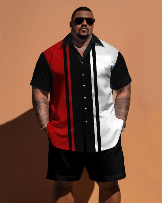 Men's Large Size Simple Contrast Color Vertical Strip Print Short-sleeved Shirt And Shorts Set