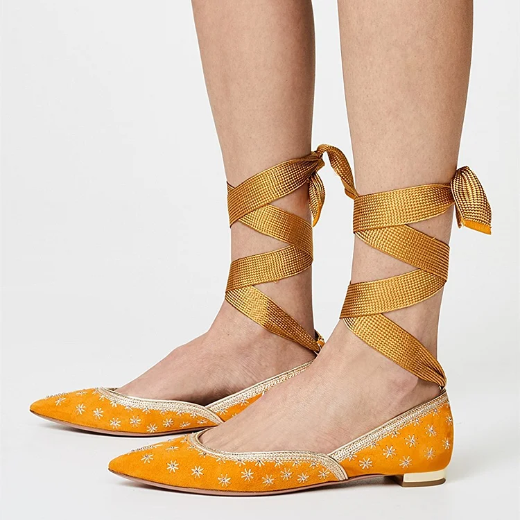 Yellow Flowers Chic Strappy Pointy Toe Comfortable Flats Vdcoo