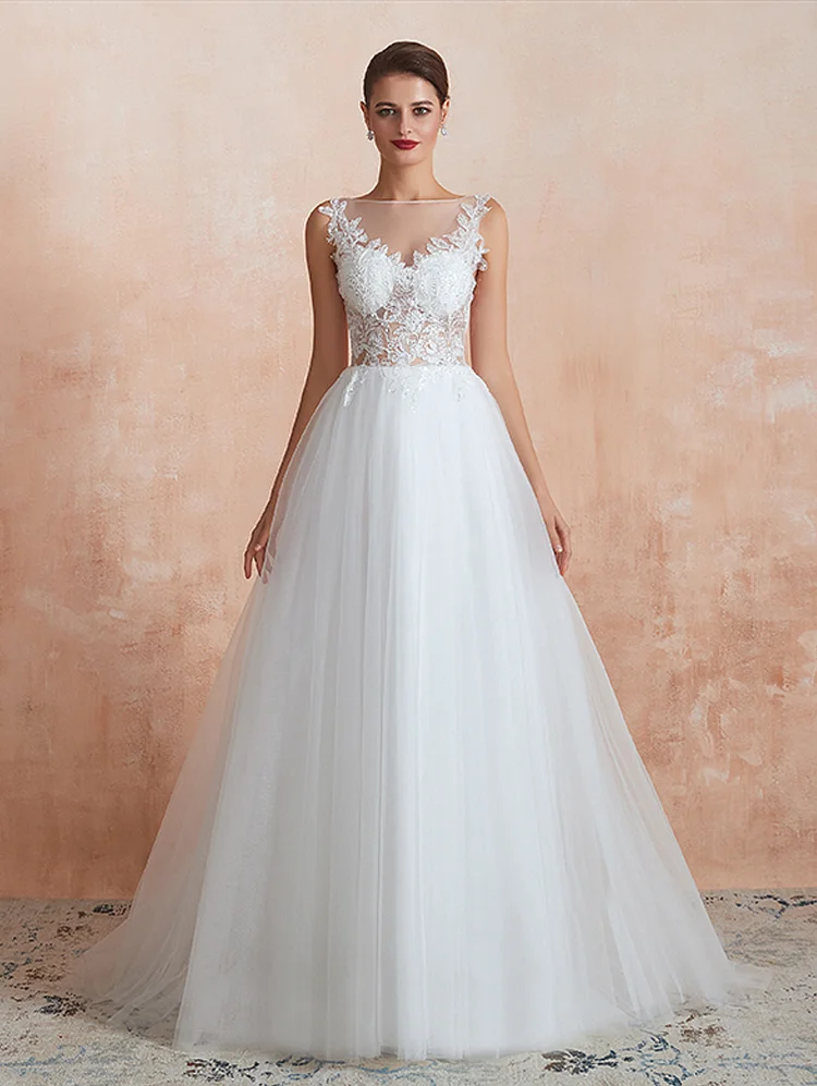 Women's Sheer Neck A-line Lace Tulle Long Beach Wedding Dresses for Bride
