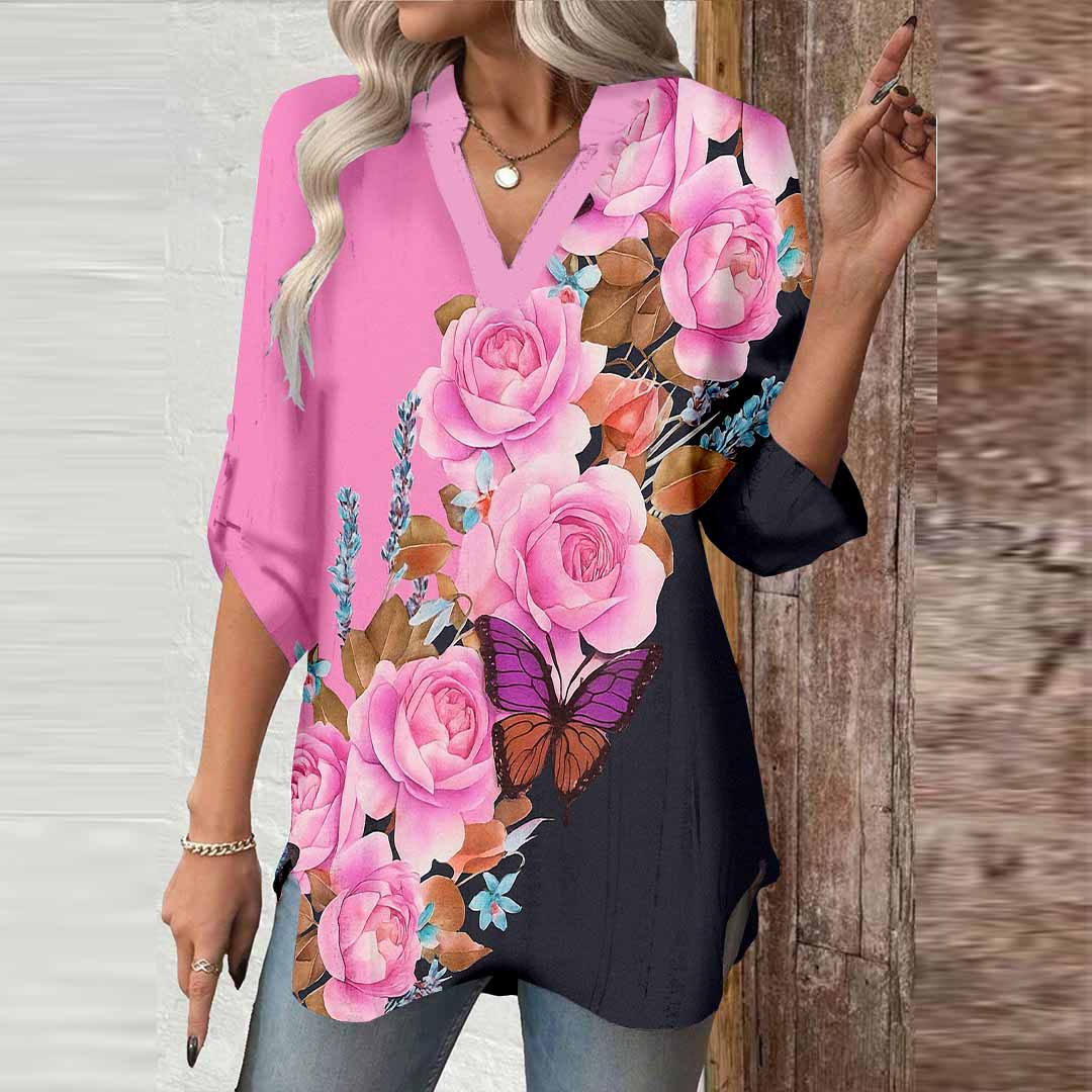 Women Floral, Black, Pink DZGA0761 3/4 Sleeve V-neck Printed Graphic Button Tops