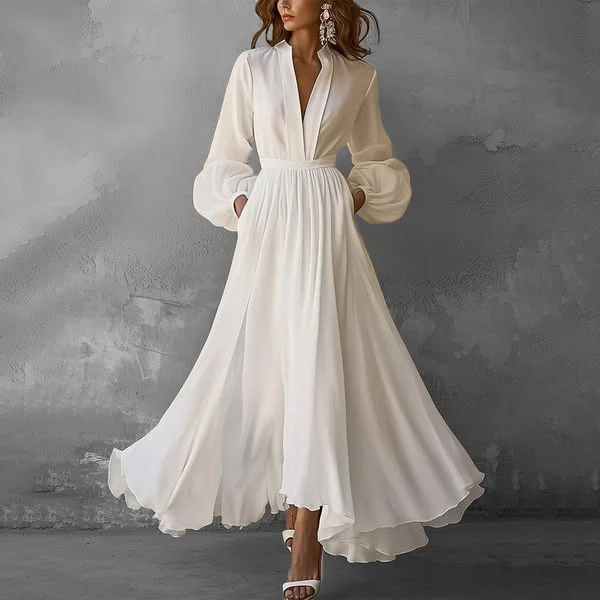 Elegant Deep V Neck Lantern Sleeve Pocket Tunic Maxi Dress