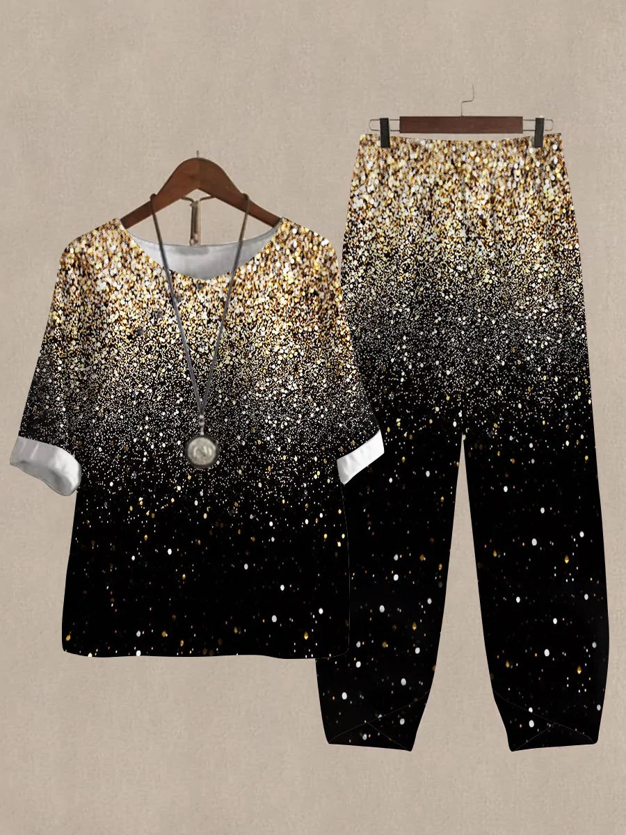 Linen Casual Women's Sequin Print Two Pieces Set