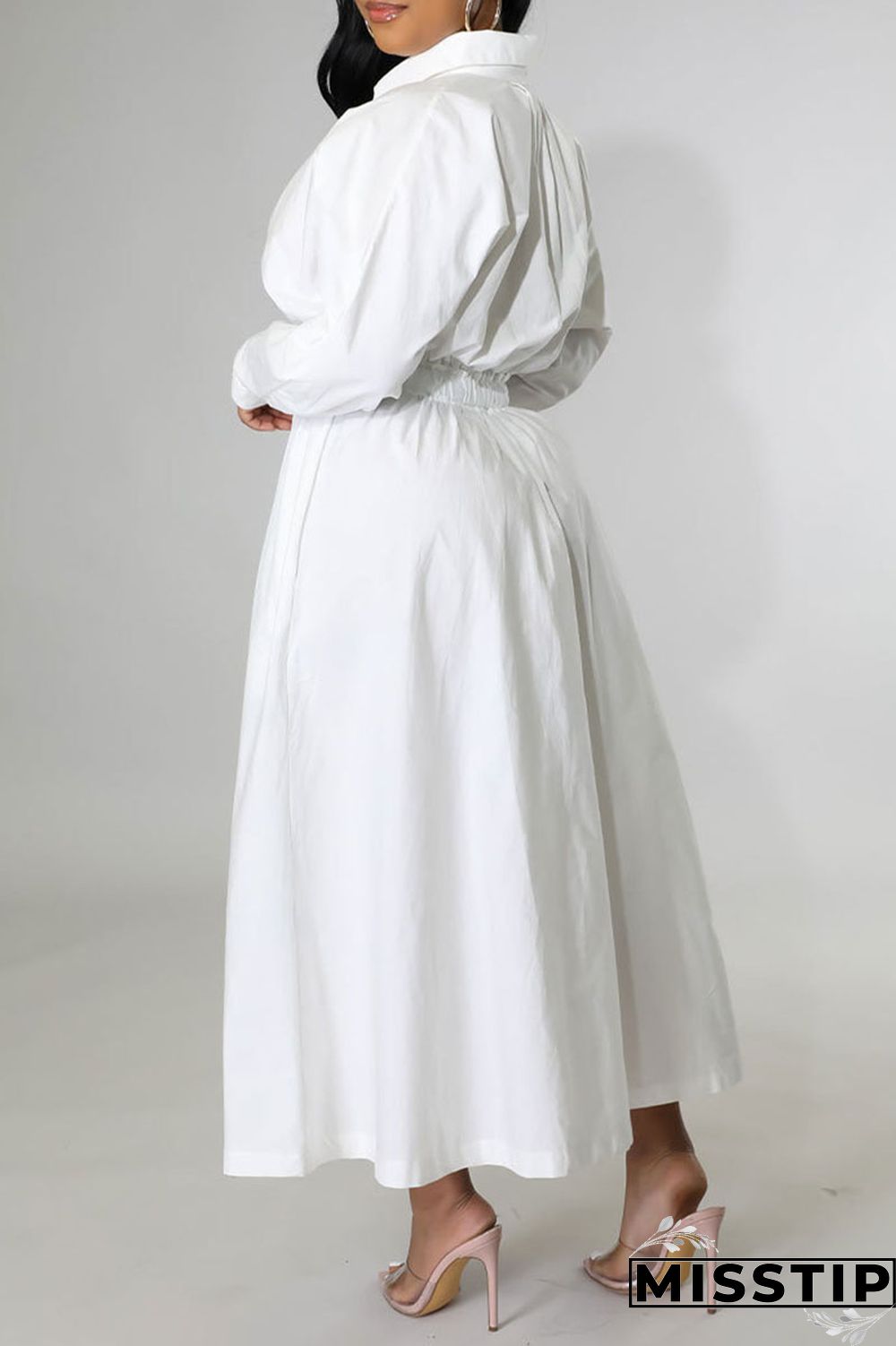 White Casual Solid Patchwork Buckle Turndown Collar Shirt Dress Dresses