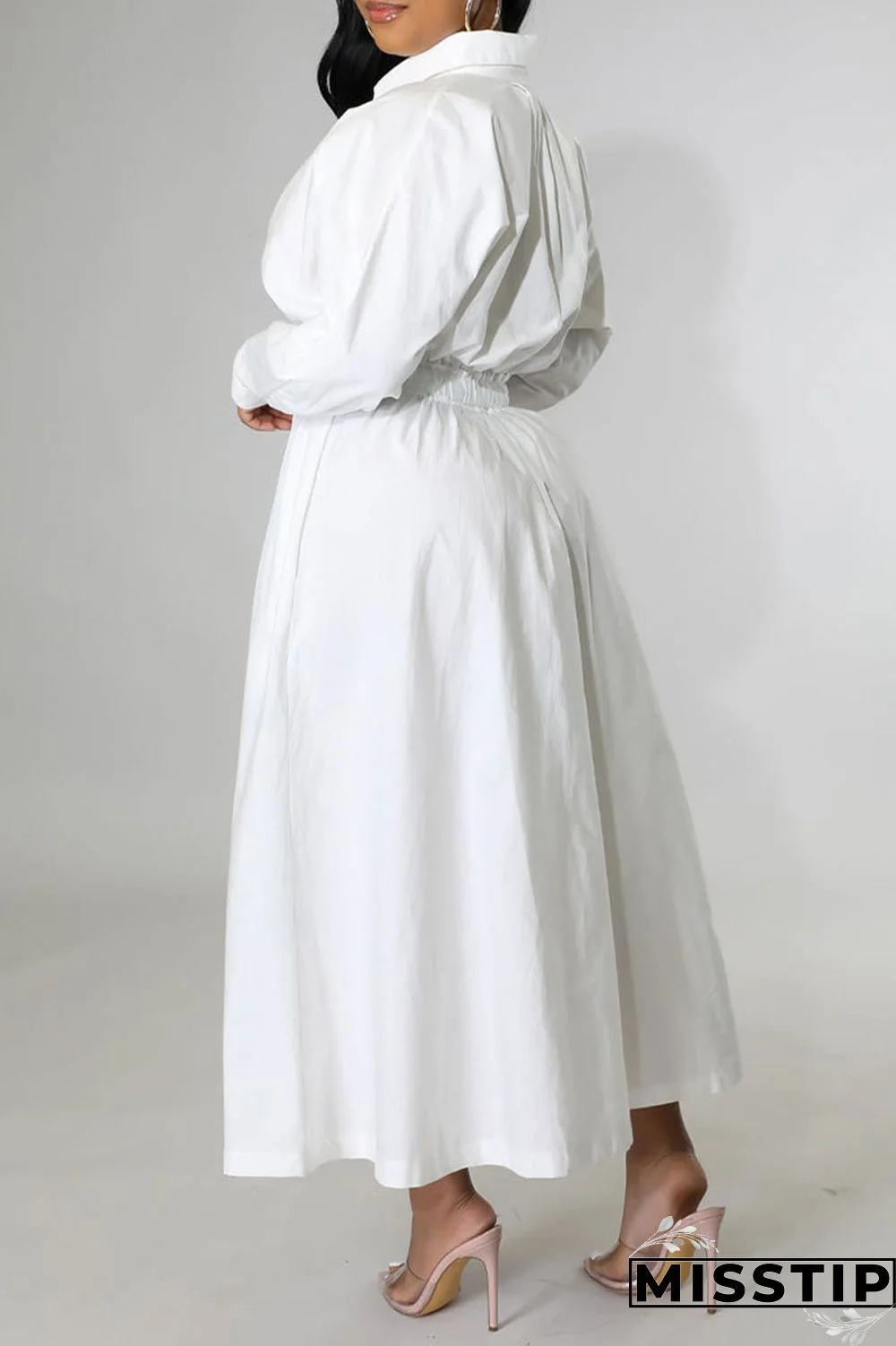 White Casual Solid Patchwork Buckle Turndown Collar Shirt Dress Dresses