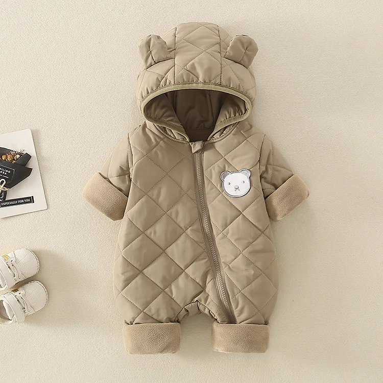 Baby Boy/Girl Bear Patch Long Sleeve Hooded Fluff Romper