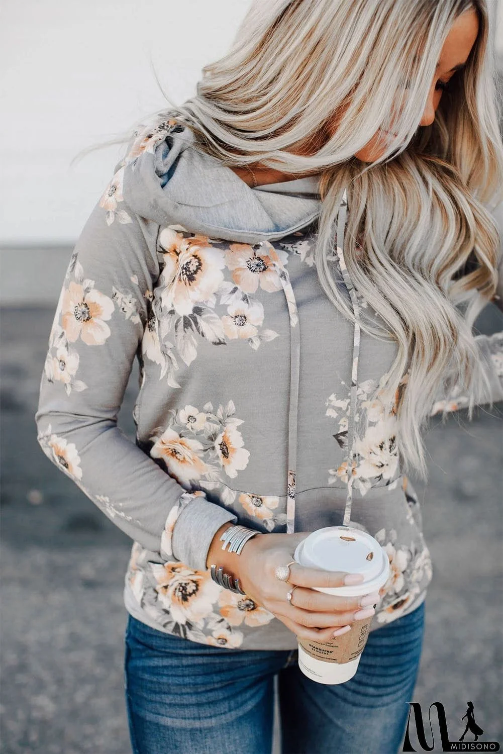 MidiSono - Floral Hoodie with Kangaroo Pocket