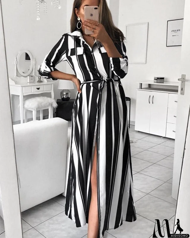 MidiSono - Stripe Turn-Down Collar Button Autumn Summer Long Sleeve Dress