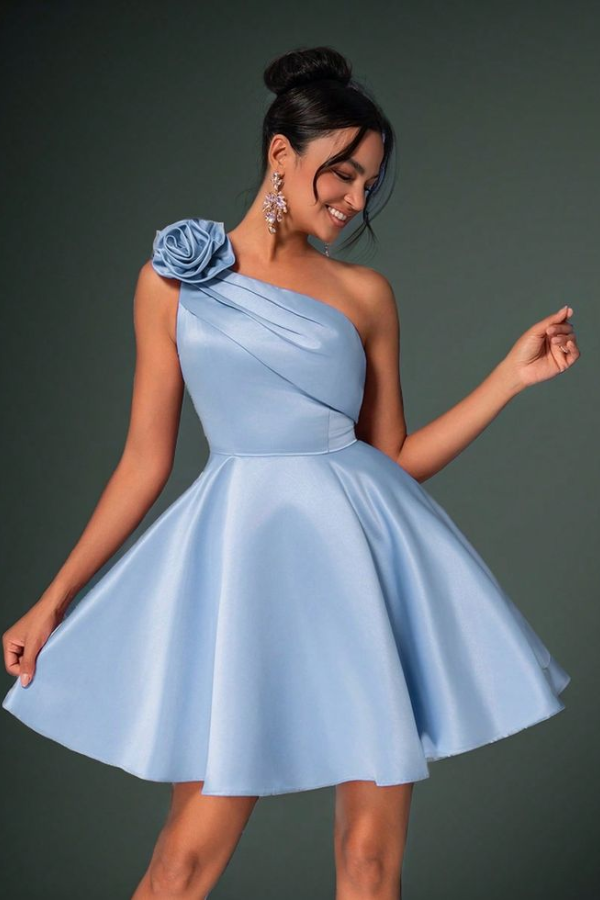 Ovlias Elegant Baby Blue Handmade Flower One Shoulder Ruffle Homecoming Dress HC0183