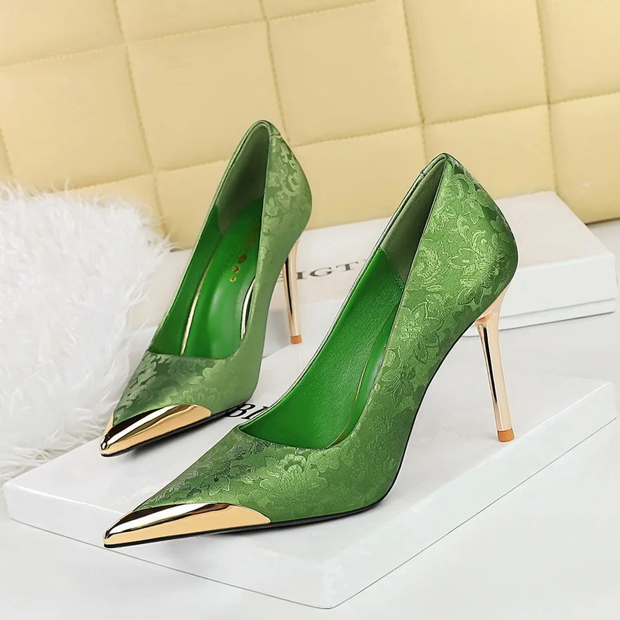 Colourp Colourp National Style Women's Shoes High Heels Silk Thin Heel Shallow Metal Pointed Head Satin Banquet High Heel Singles Women
