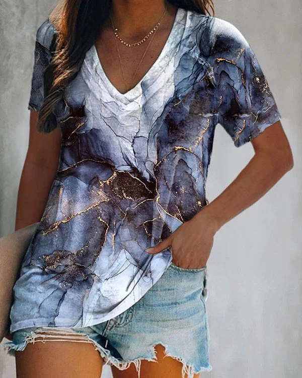 Gold Foil Marble Tie Dye Printing Women's Cozy T-shirts