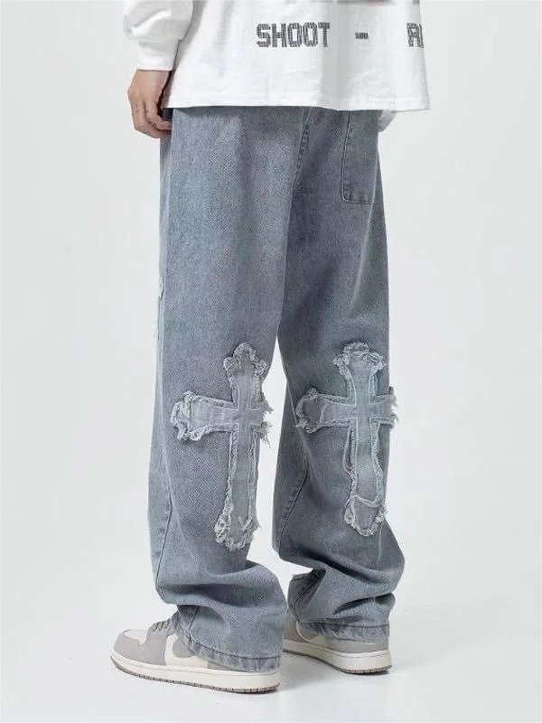 Brownm men's vintage jeans with cross patch