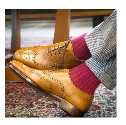 Handmade men wingtips brogue dress shoes, Men tan color formal shoes
