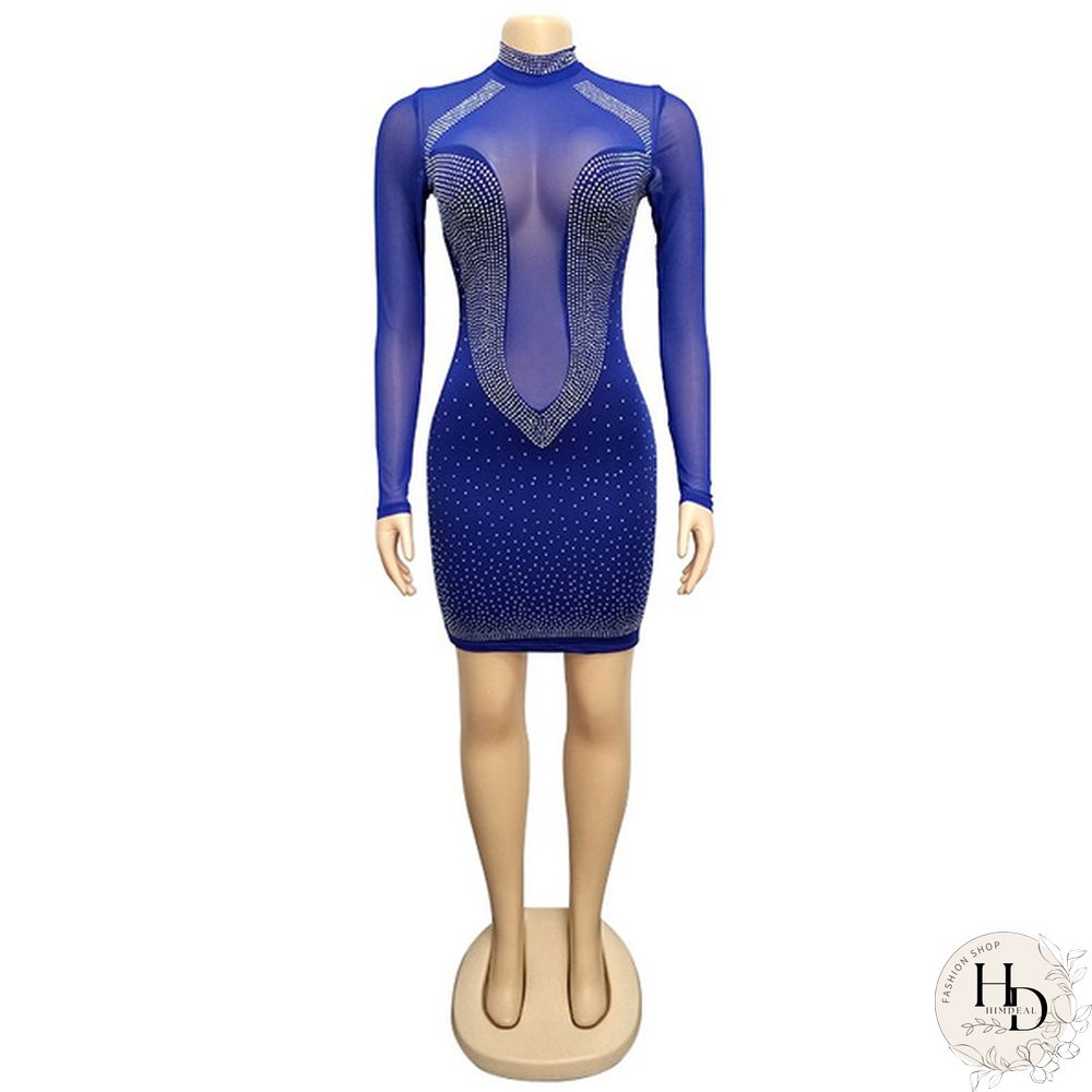 Women Sexy Night Club Dresses Bodycon Party Dress Bling Bling Rhinestone Zipper Sheer Long Sleeve Mini Dress White Black Blue Pink