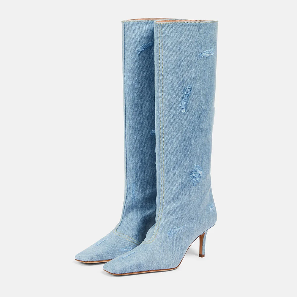 Blue Denim Square Toe Stiletto Heel Distressed Knee High Boots