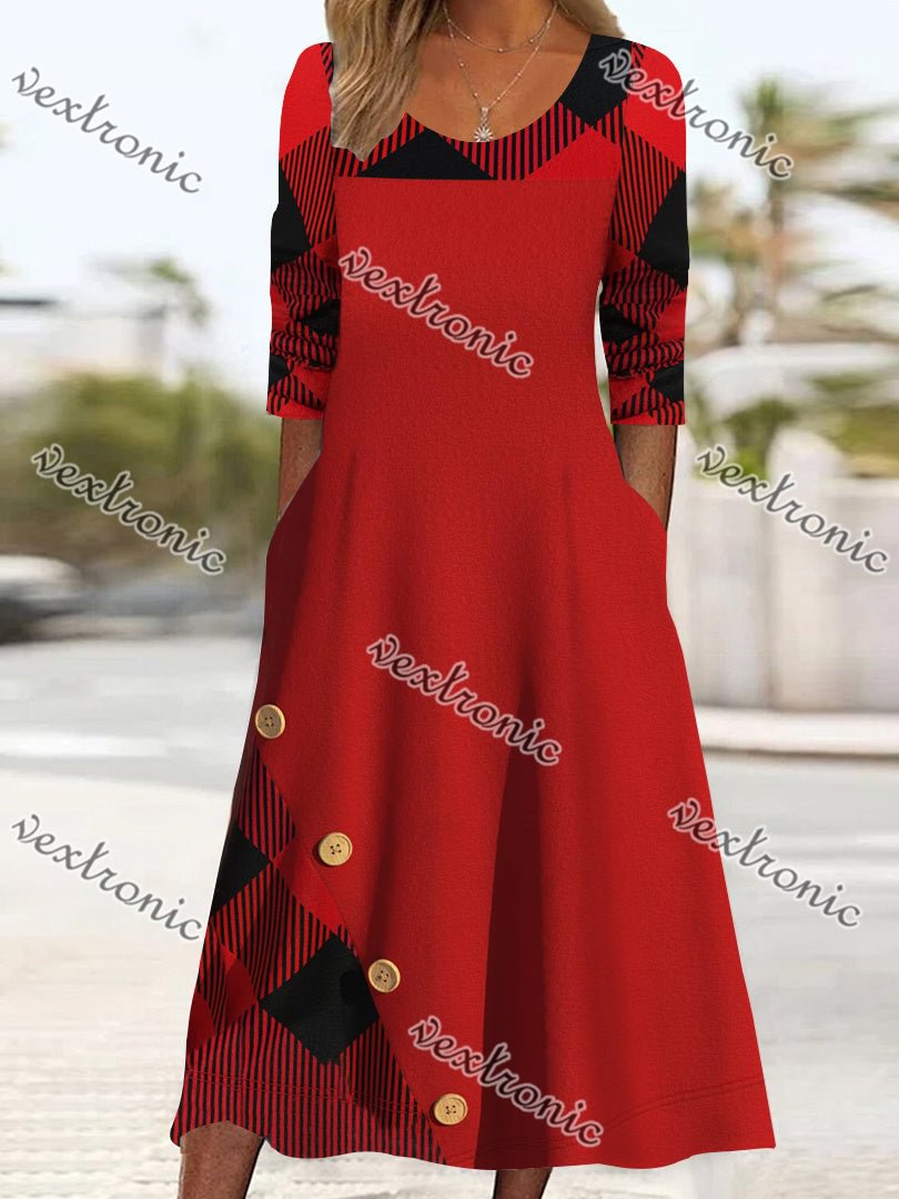 Women's Long Sleeve Scoop Neck Printed Plaid Midi Dress
