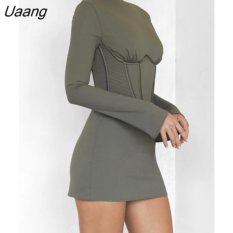 Uaang 2022 New Full Sleeve Backless Mini Dress For Women Robe Autumn O Neck Corset Bodycon Party Short Dresses Vestido