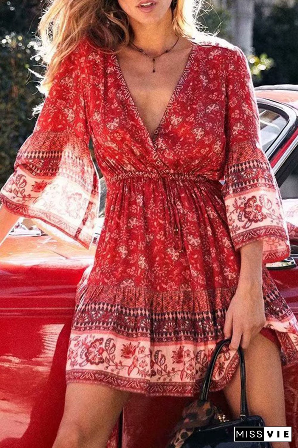 Fashion Bohemian Print Split Joint V Neck A Line Dresses