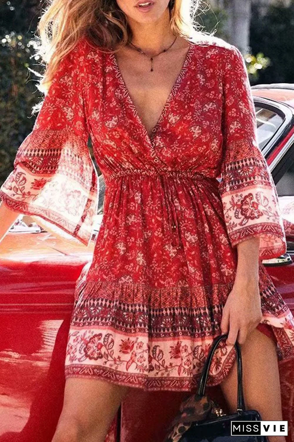 Fashion Bohemian Print Split Joint V Neck A Line Dresses