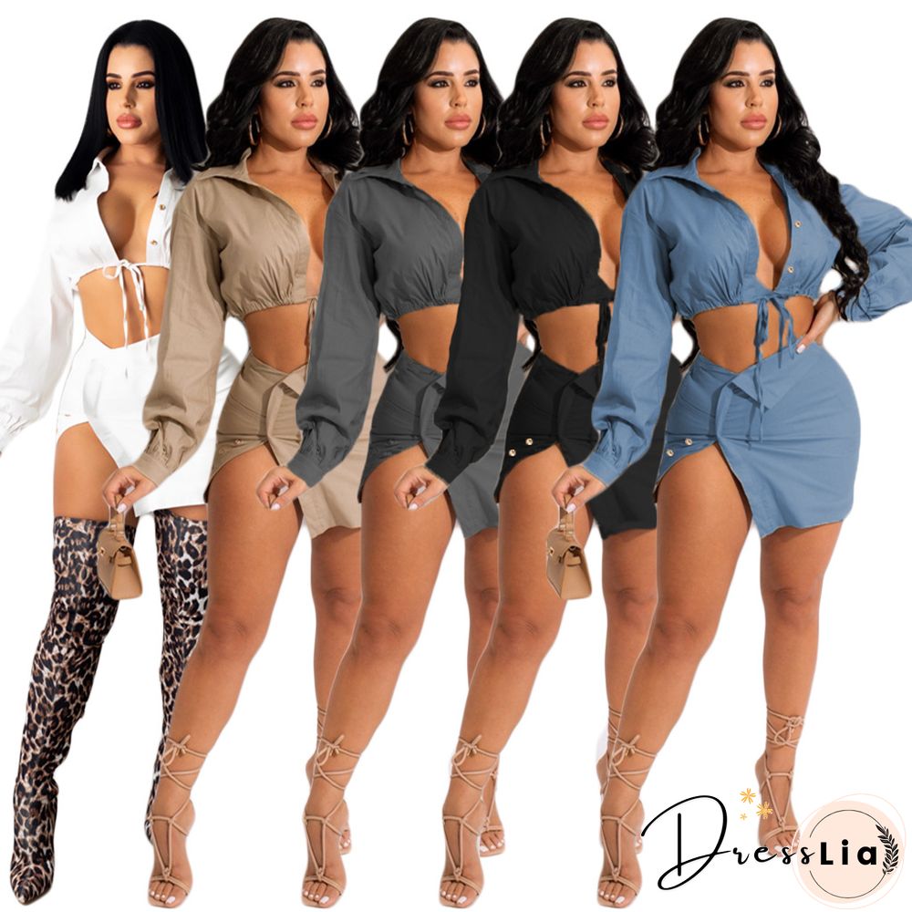 Lace Up Long Sleeve Shirt Crop Top Mini Skirt Set
