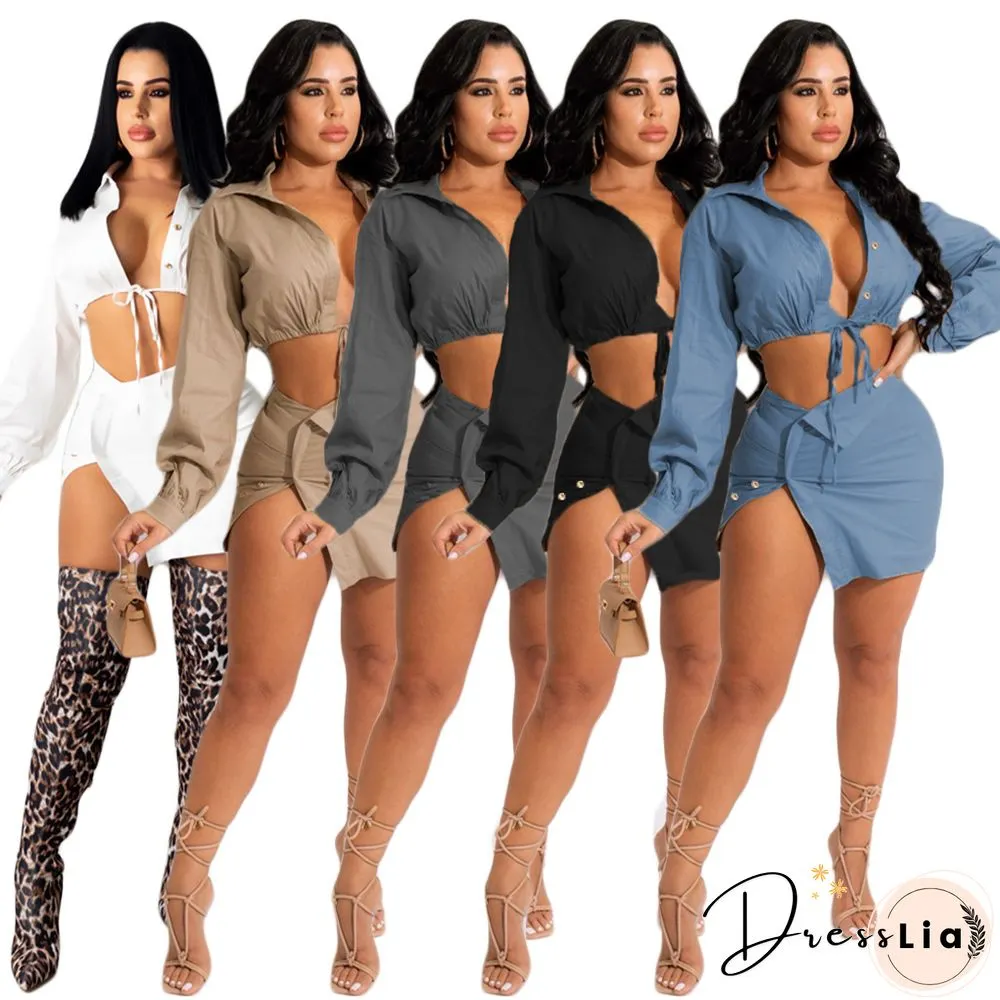 Lace Up Long Sleeve Shirt Crop Top Mini Skirt Set