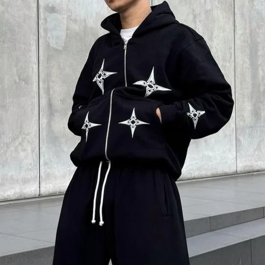 Aonga Hip Hop Dart Print Oversized Zip Up Hoodie Sweatpants Two Piece Set Y2K Clothes Tracksuit Men Casual Pants Tops Men Clothing aonga