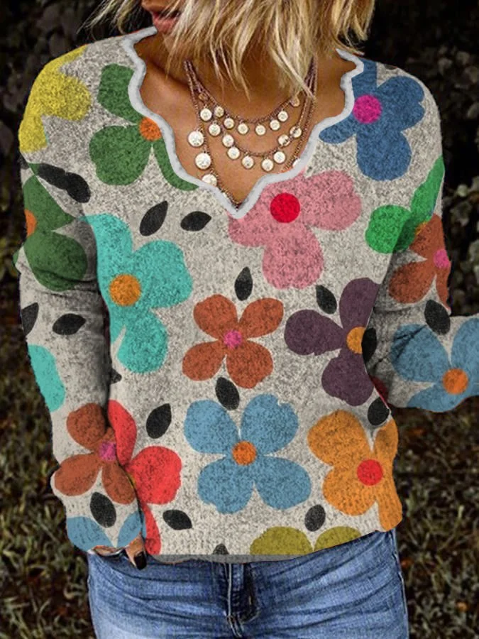 Casual Wave Collar Geometric Floral Print Plush Top