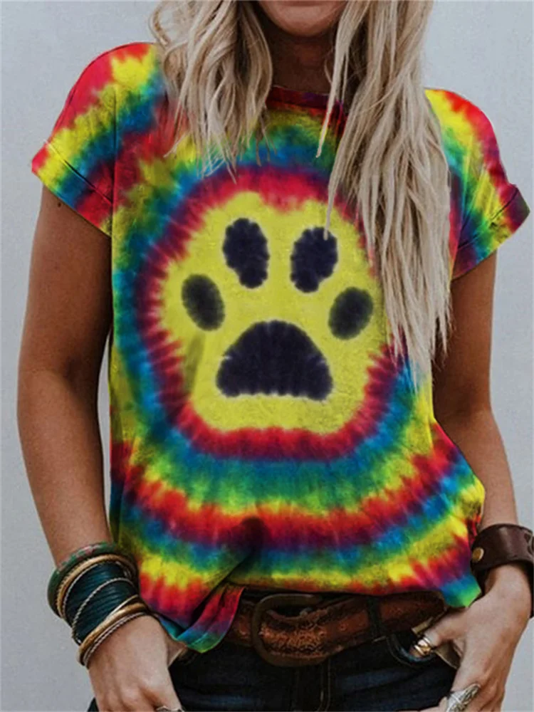 Paw Print Inspired Rainbow Tie Dye Crew Neck T Shirt
