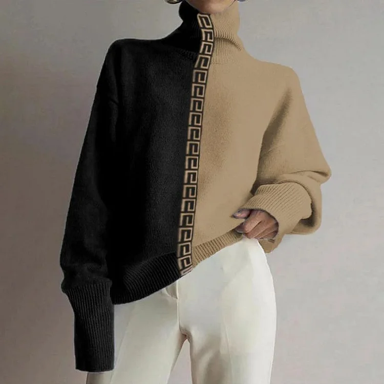 Greek Key Contrast V-neck Cozy Turtleneck Sweater