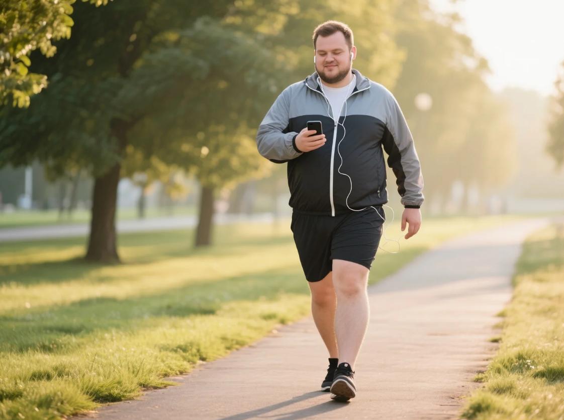 A big guy have a walk in hoodie and gym shorts