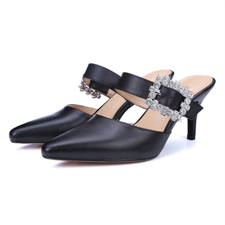 Black Kitten Heels Pointy Toe Heeled Mules with Rhinestone Buckle |FSJ Shoes
