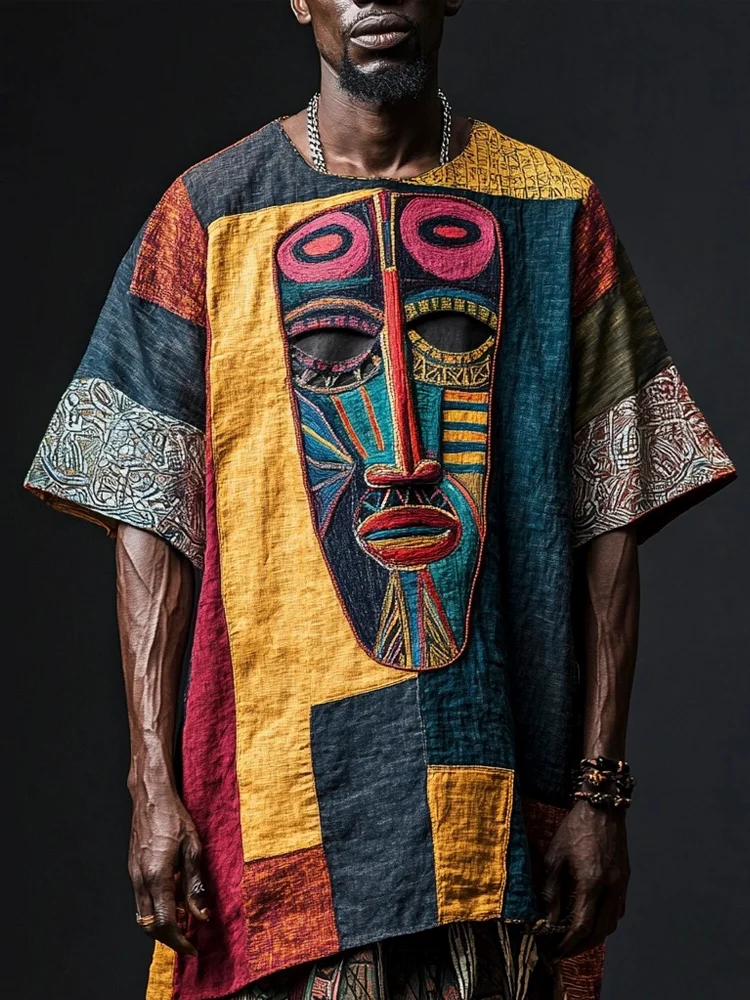 African Tribal Mask Geometric Embroidery Men's Linen T-shirt