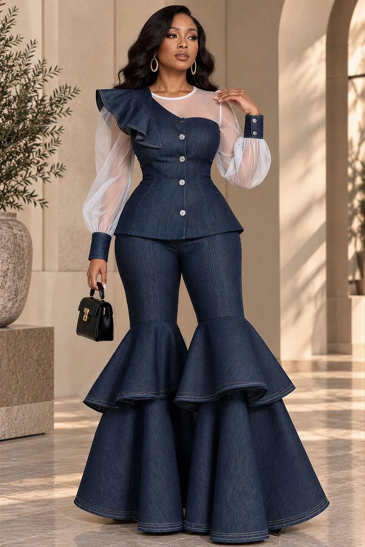 Xpluswear Design Plus Size Formal Organza Navy Blue Round Neck Long Sleeve Contrast Ruffle Denim Two Piece Pant Sets [Pre-Order] 2024 - Xpluswear