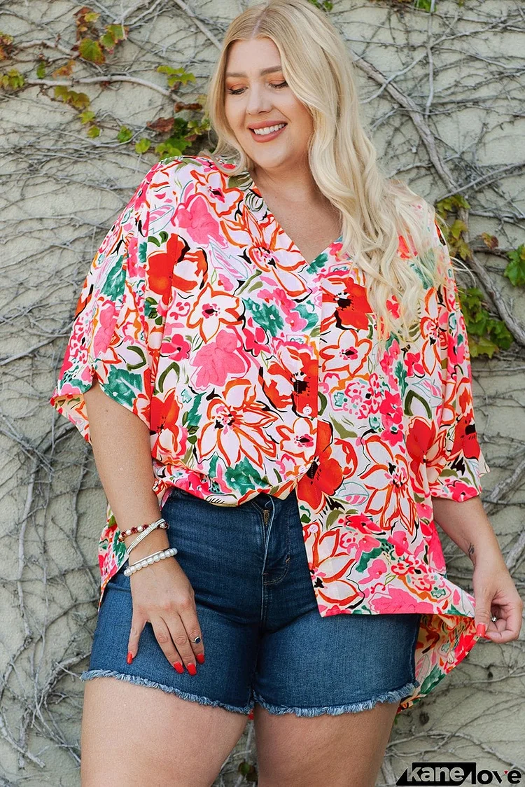 Plus Size Floral V-Neck Half Sleeve Shirt