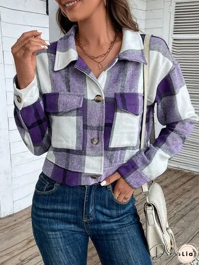 Plaid Button Up Drop Shoulder Cropped Jacket