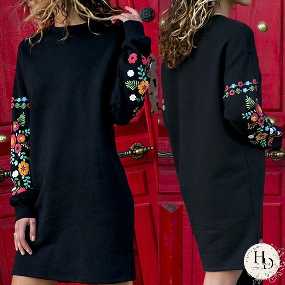 Autumn Women O-neck Long Sleeve Floral Print Patchwork Pullover Plus Size Loose Casual T Shirt Dress