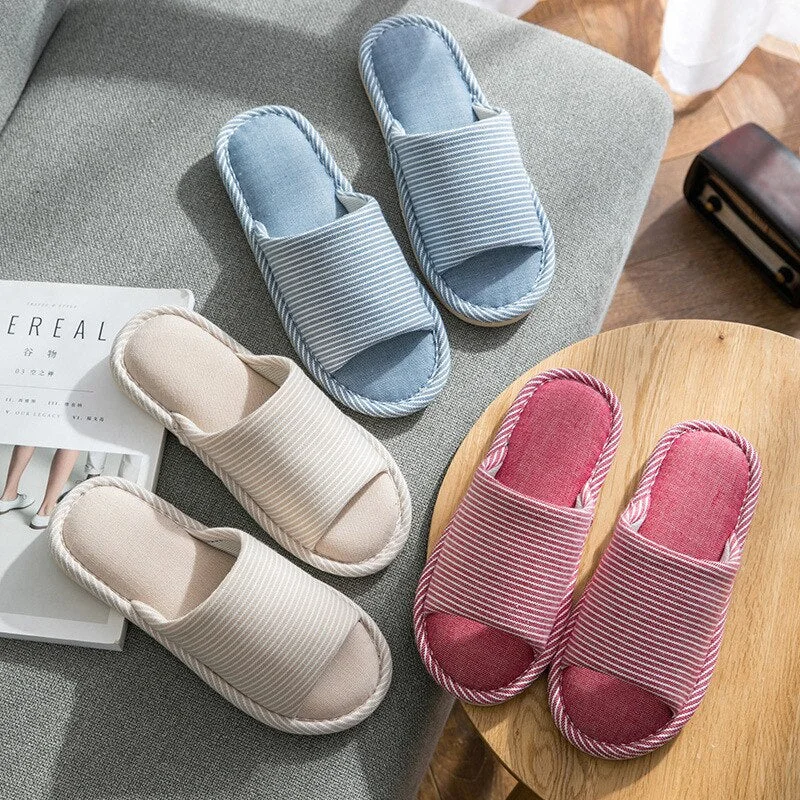Linen Indoor Slippers Four Seasons Striped Cotton Slippers Couples Absorbing Sweat Soft Bottom Home Wood Floor Sandals Chinelos