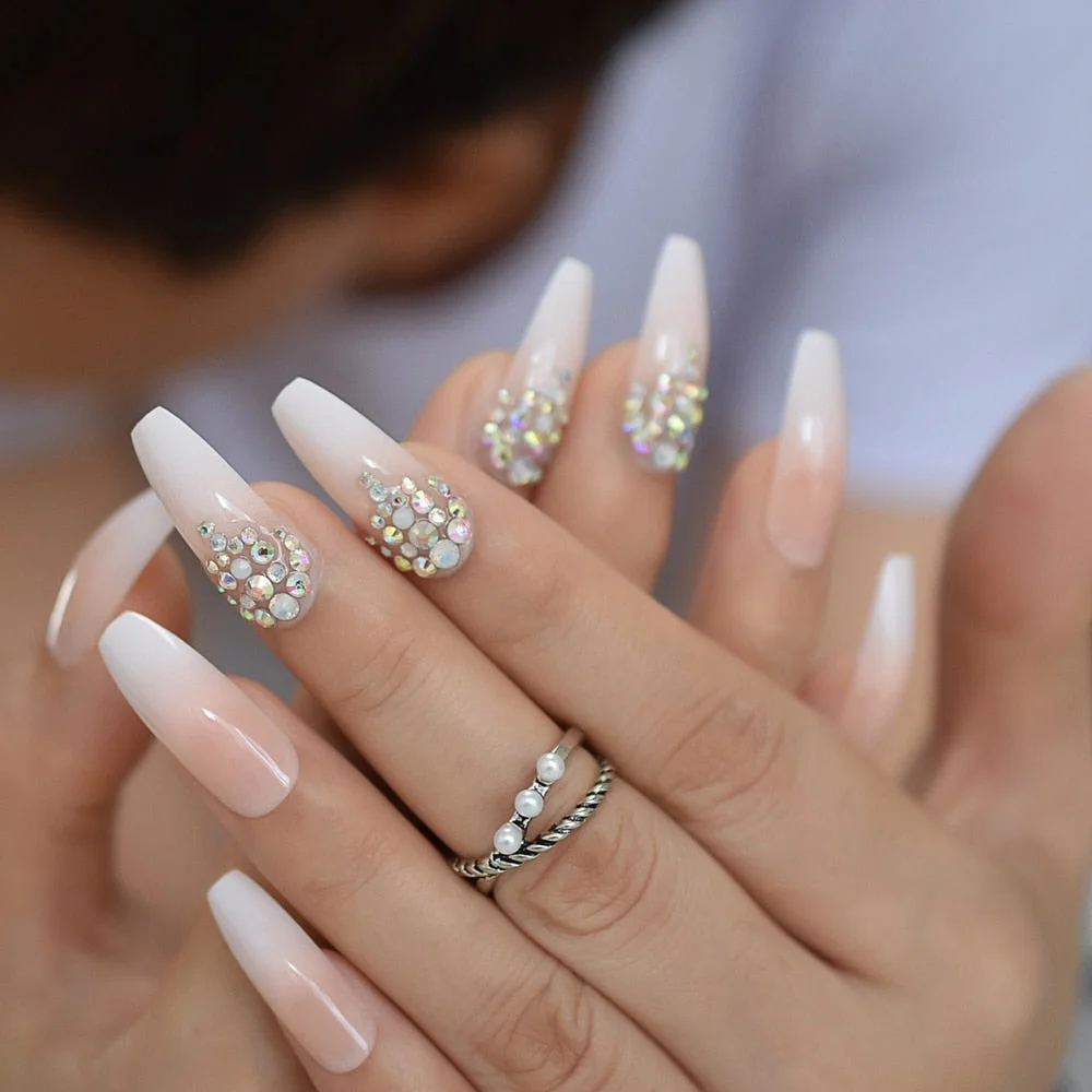 Rhinestones Nail Press Ons Extra Long Coffin 3d Designed Fake Nails Jewel Luxury Rosy Nude Royalty False Nail Tips-Nail Inspo
