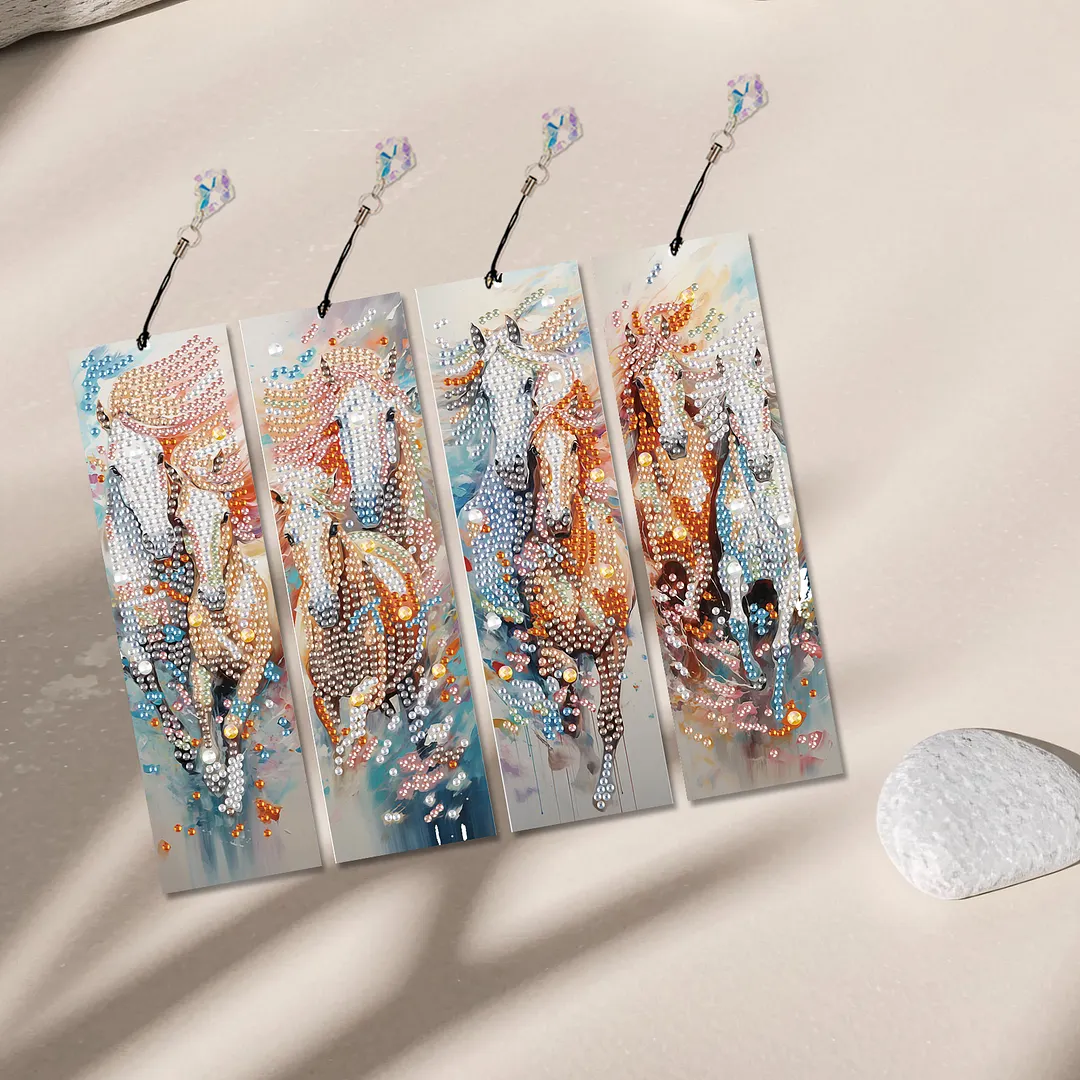 4Pcs Galloping Horse DIY Diamond Bookmark Art Projects Irregular Shaped Diamonds Diamond Painting Art Bookmarks with Crystal Pendants for DIY Making Beginners Adult Art Craft Supplies